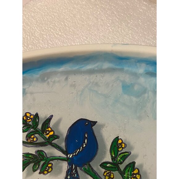 Handcrafted and Hand Painted Resin Blue Birds on an Oval Tray Cloudy Sky - Picture 5 of 7